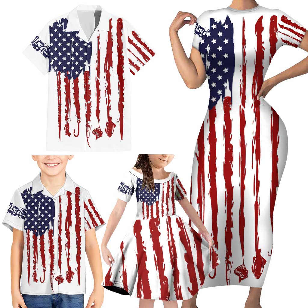 American Flag Fishing Family Matching Short Sleeve Bodycon Dress and Hawaiian Shirt Lure and Hook Elements and Custom Name Print - Wonder Print Shop
