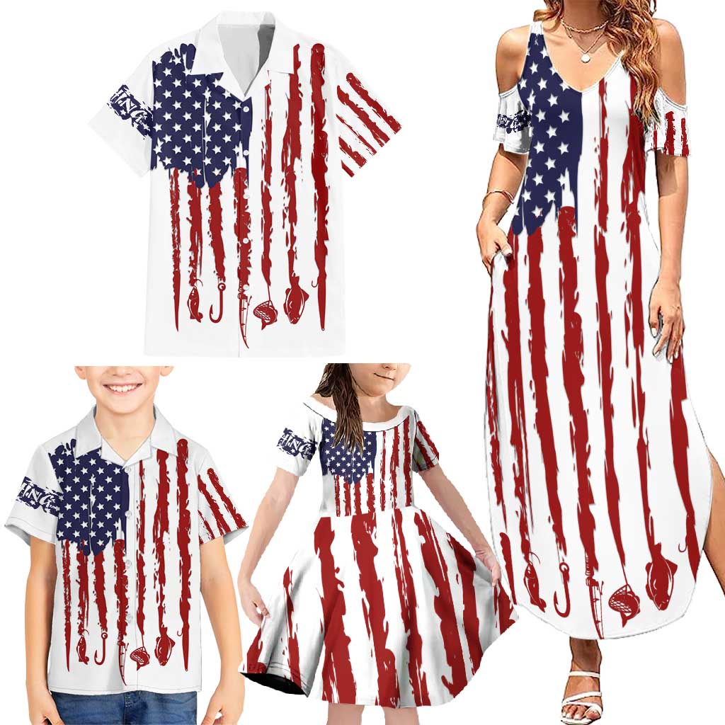 American Flag Fishing Family Matching Summer Maxi Dress and Hawaiian Shirt Lure and Hook Elements and Custom Name Print - Wonder Print Shop