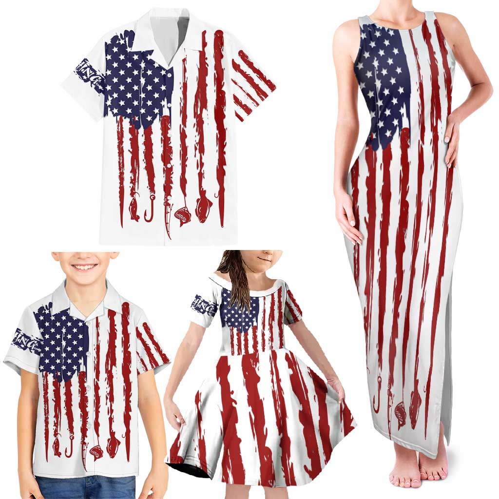 American Flag Fishing Family Matching Tank Maxi Dress and Hawaiian Shirt Lure and Hook Elements and Custom Name Print - Wonder Print Shop