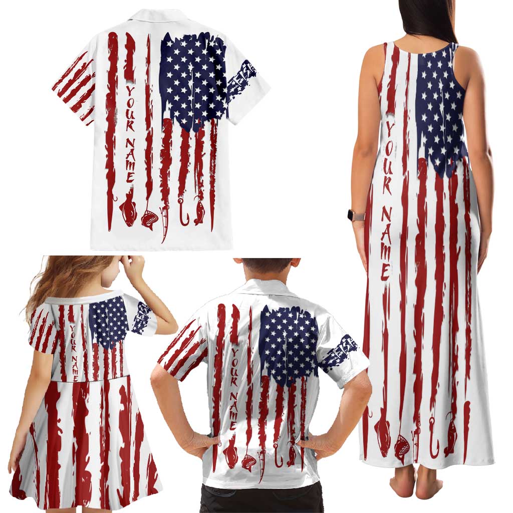 American Flag Fishing Family Matching Tank Maxi Dress and Hawaiian Shirt Lure and Hook Elements and Custom Name Print - Wonder Print Shop