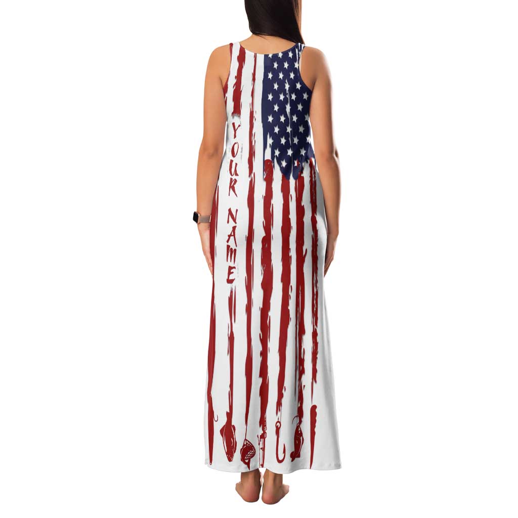 American Flag Fishing Family Matching Tank Maxi Dress and Hawaiian Shirt Lure and Hook Elements and Custom Name Print - Wonder Print Shop