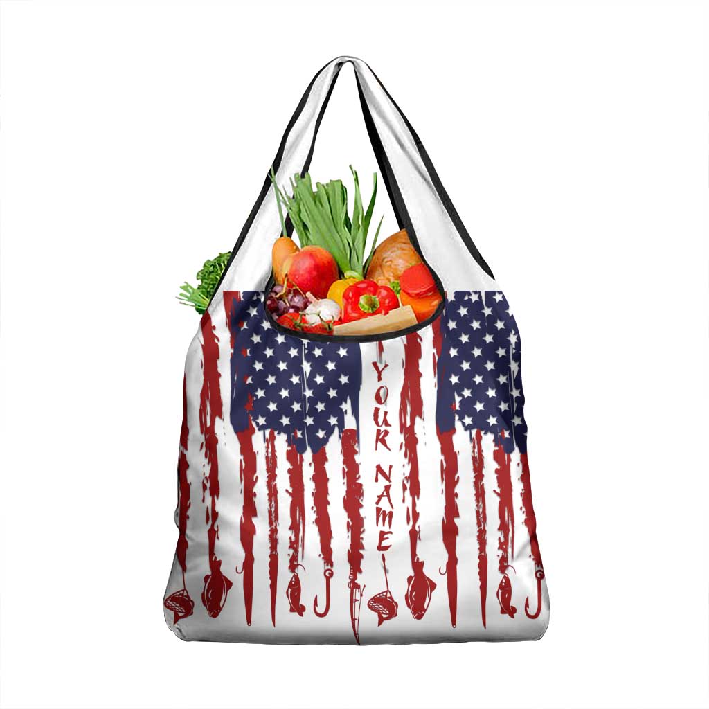 American Flag Fishing Grocery Bag Lure and Hook Elements and Custom Name Print - Wonder Print Shop