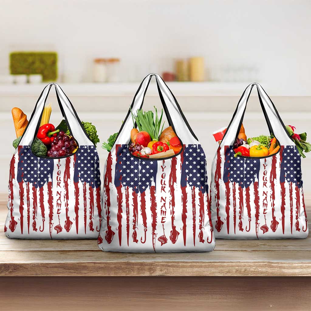 American Flag Fishing Grocery Bag Lure and Hook Elements and Custom Name Print - Wonder Print Shop