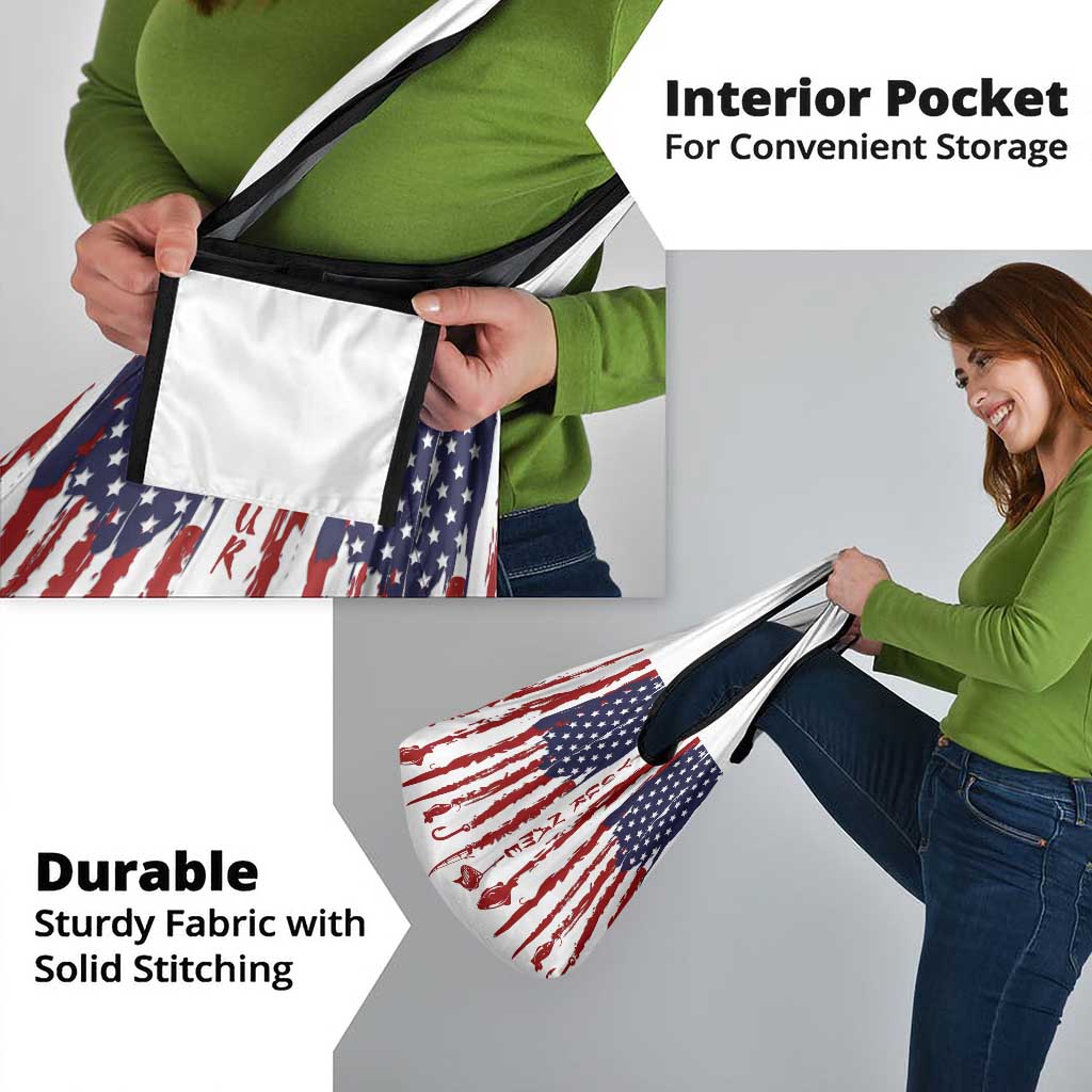 American Flag Fishing Grocery Bag Lure and Hook Elements and Custom Name Print - Wonder Print Shop