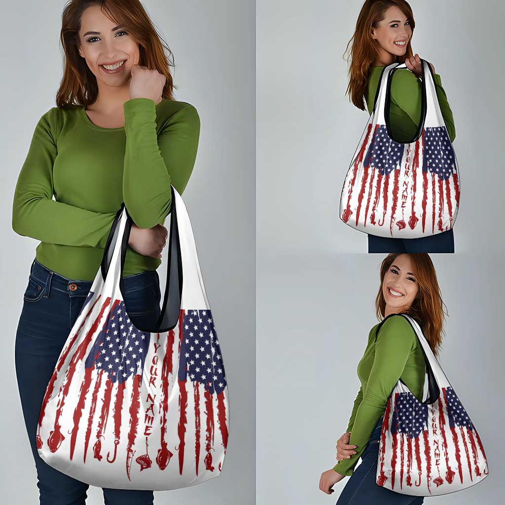 American Flag Fishing Grocery Bag Lure and Hook Elements and Custom Name Print - Wonder Print Shop