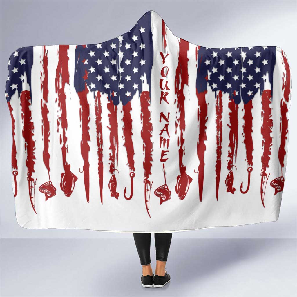 American Flag Fishing Hooded Blanket Lure and Hook Elements and Custom Name Print - Wonder Print Shop