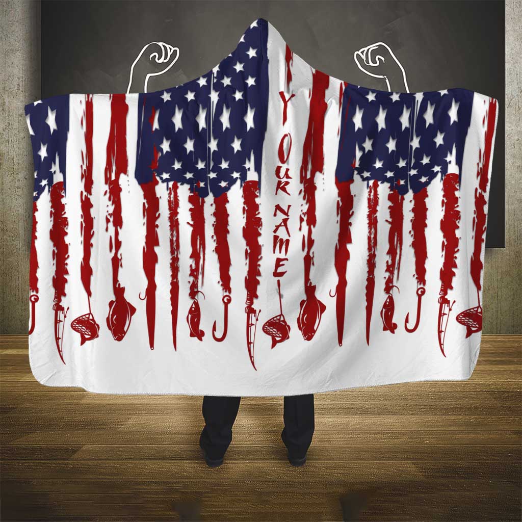 American Flag Fishing Hooded Blanket Lure and Hook Elements and Custom Name Print - Wonder Print Shop