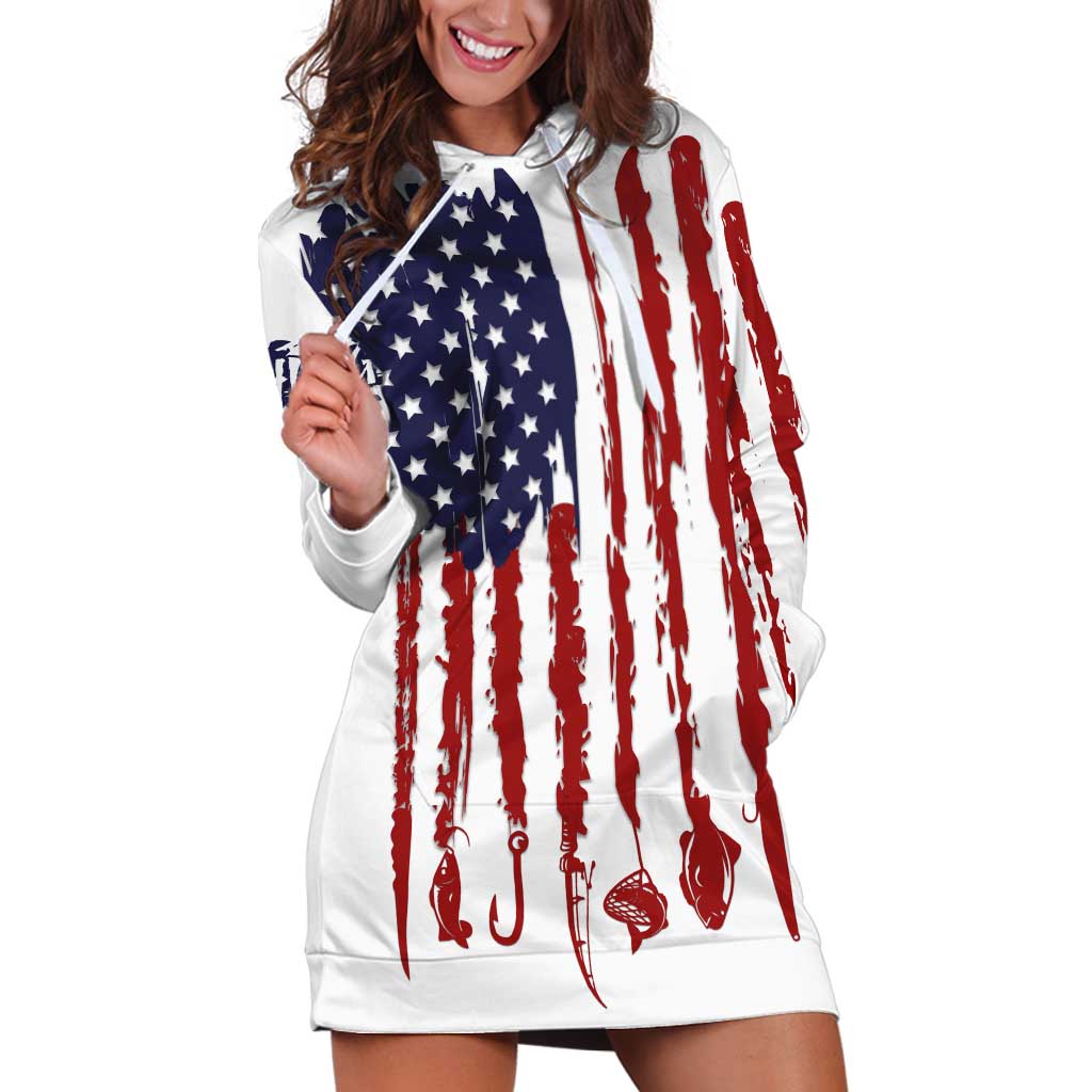 American Flag Fishing Hoodie Dress Lure and Hook Elements and Custom Name Print - Wonder Print Shop