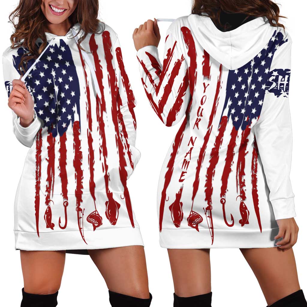 American Flag Fishing Hoodie Dress Lure and Hook Elements and Custom Name Print - Wonder Print Shop