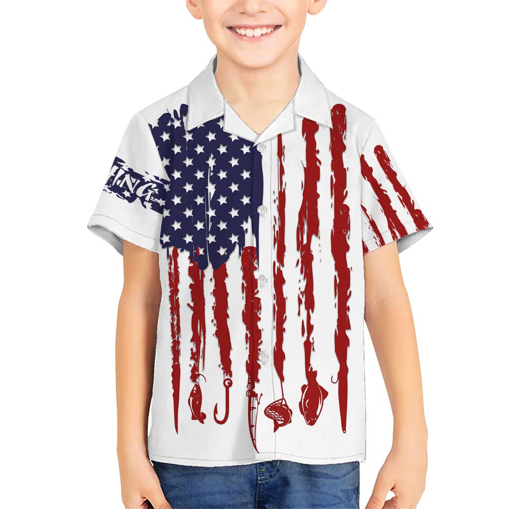 American Flag Fishing Kid Hawaiian Shirt Lure and Hook Elements and Custom Name Print - Wonder Print Shop