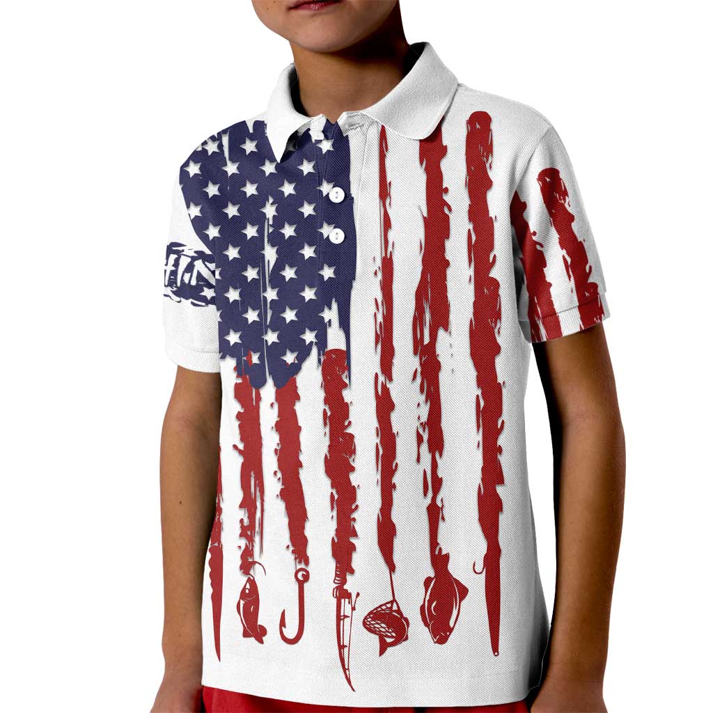 American Flag Fishing Kid Polo Shirt Lure and Hook Elements and Custom Name Print - Wonder Print Shop