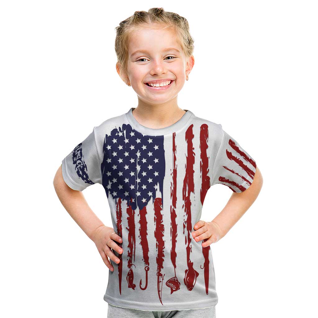 American Flag Fishing Kid T Shirt Lure and Hook Elements and Custom Name Print - Wonder Print Shop
