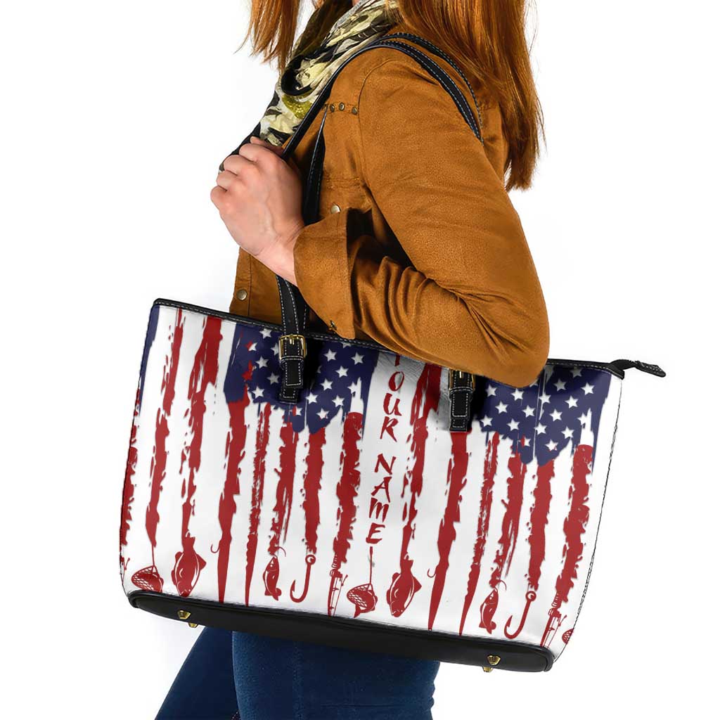 American Flag Fishing Leather Tote Bag Lure and Hook Elements and Custom Name Print - Wonder Print Shop
