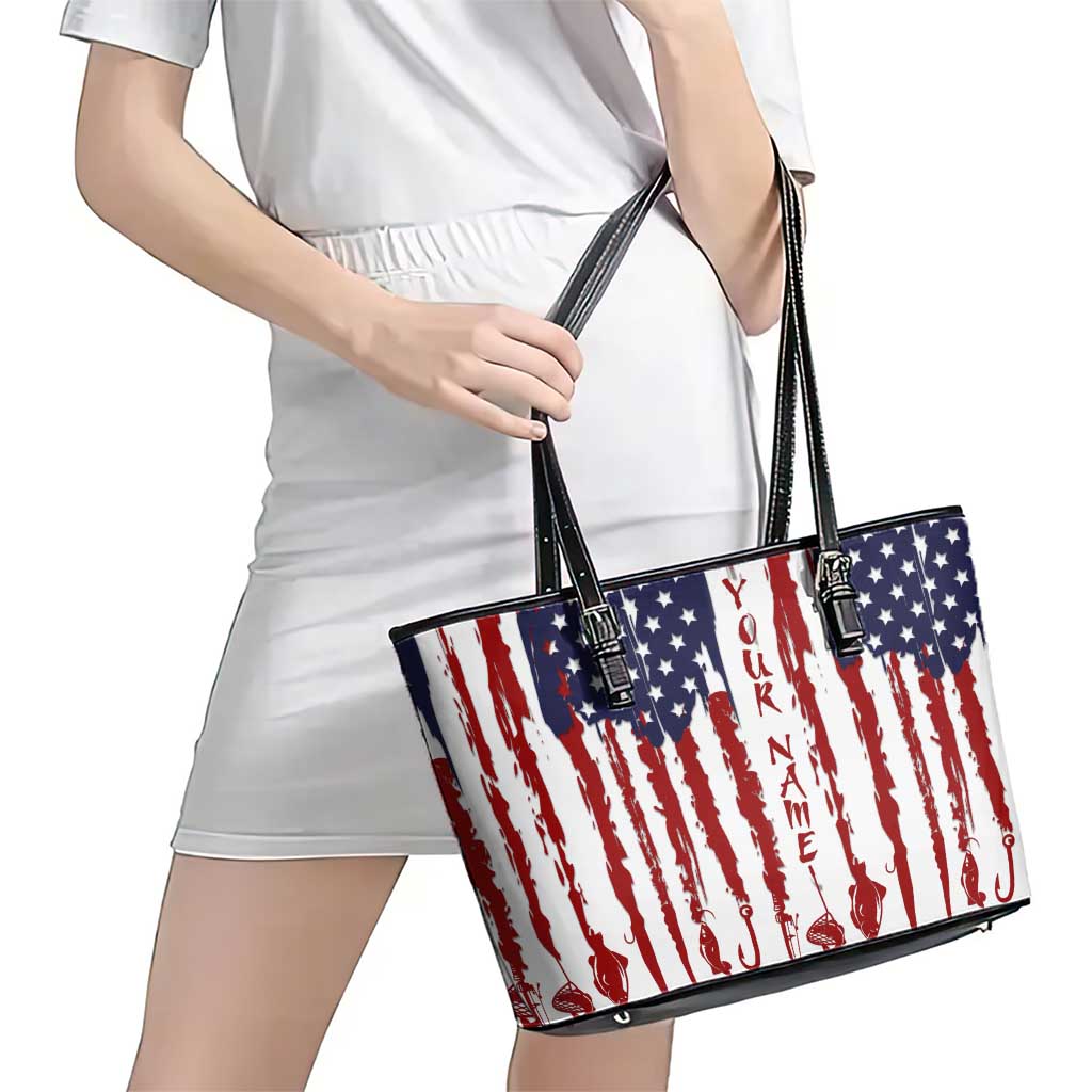American Flag Fishing Leather Tote Bag Lure and Hook Elements and Custom Name Print - Wonder Print Shop