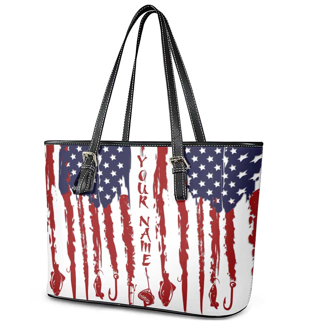 American Flag Fishing Leather Tote Bag Lure and Hook Elements and Custom Name Print - Wonder Print Shop