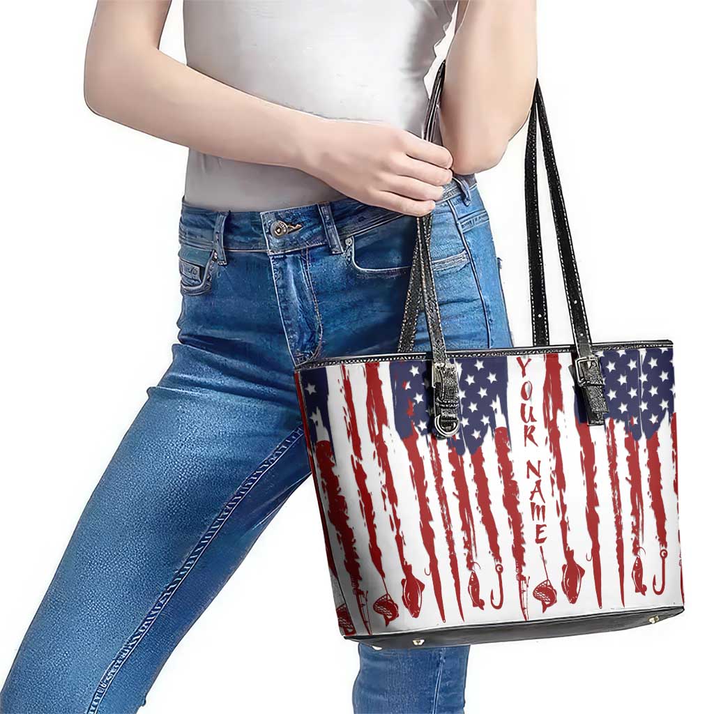 American Flag Fishing Leather Tote Bag Lure and Hook Elements and Custom Name Print - Wonder Print Shop