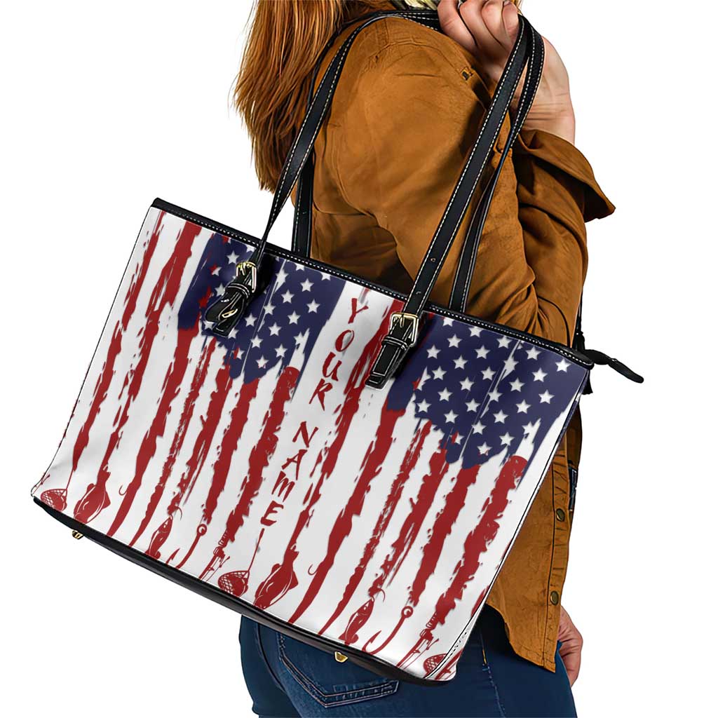 American Flag Fishing Leather Tote Bag Lure and Hook Elements and Custom Name Print - Wonder Print Shop