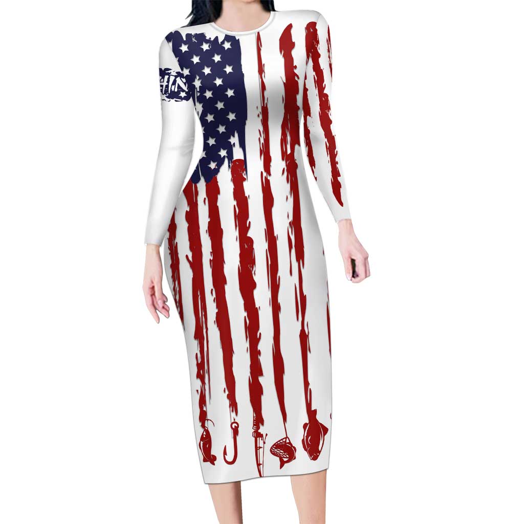 American Flag Fishing Long Sleeve Bodycon Dress Lure and Hook Elements and Custom Name Print - Wonder Print Shop