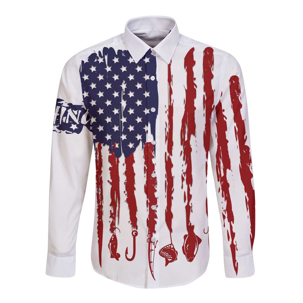 American Flag Fishing Long Sleeve Button Shirt Lure and Hook Elements and Custom Name Print - Wonder Print Shop
