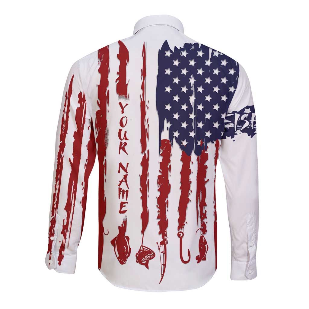 American Flag Fishing Long Sleeve Button Shirt Lure and Hook Elements and Custom Name Print - Wonder Print Shop