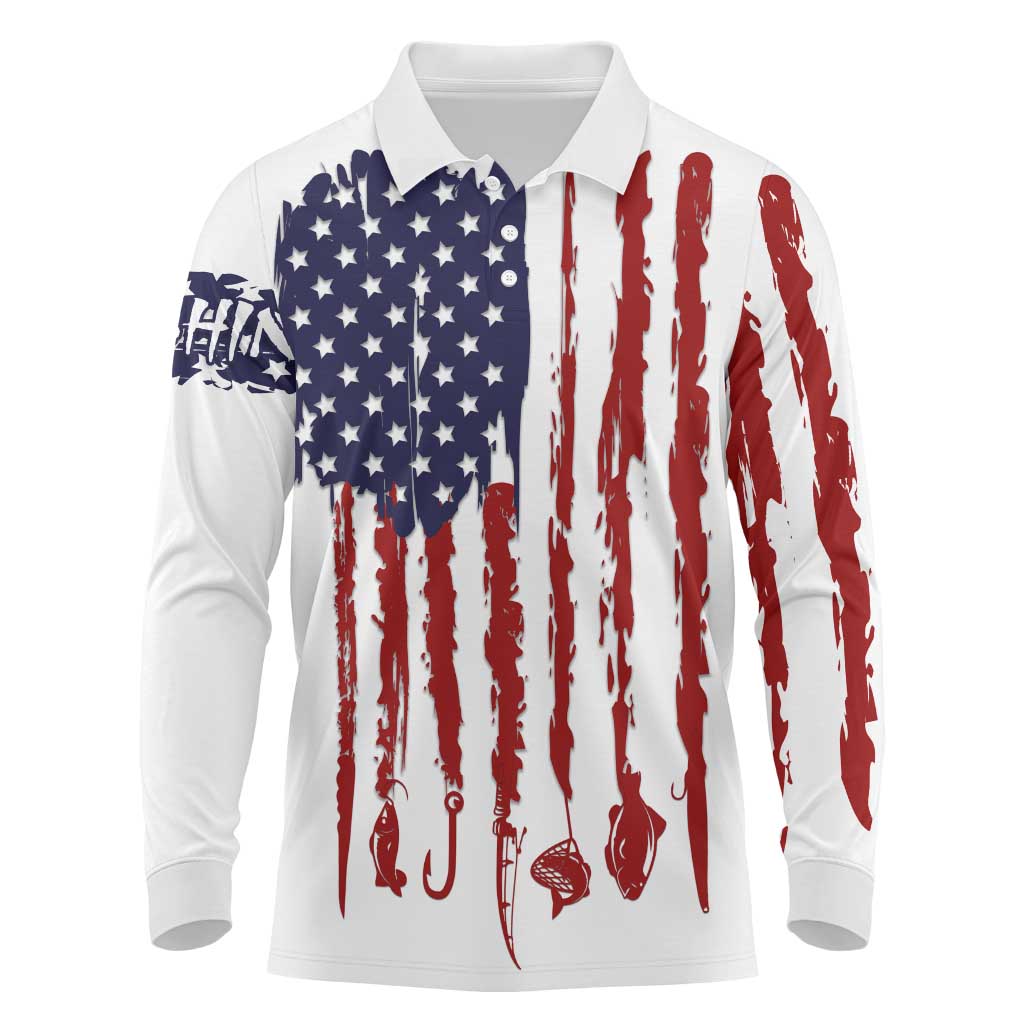 American Flag Fishing Long Sleeve Polo Shirt Lure and Hook Elements and Custom Name Print - Wonder Print Shop