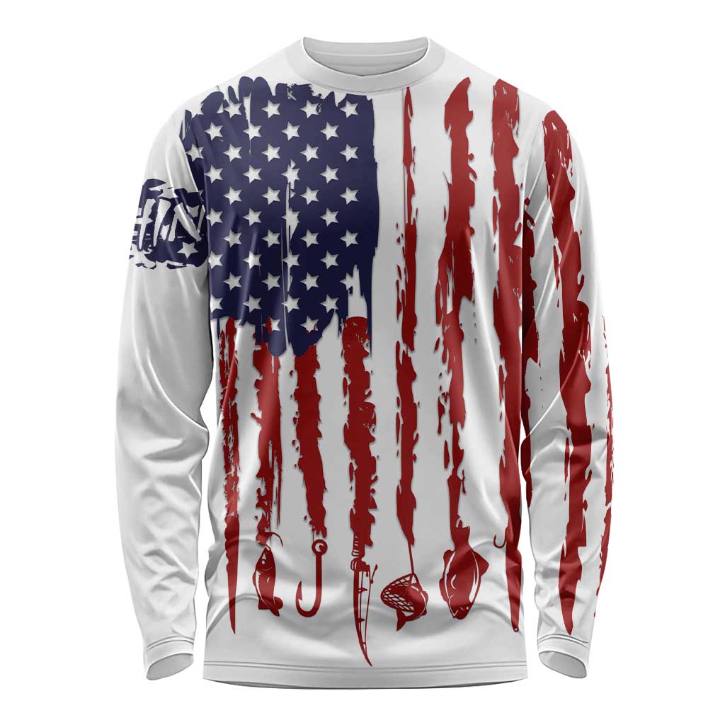 American Flag Fishing Long Sleeve Shirt Lure and Hook Elements and Custom Name Print - Wonder Print Shop