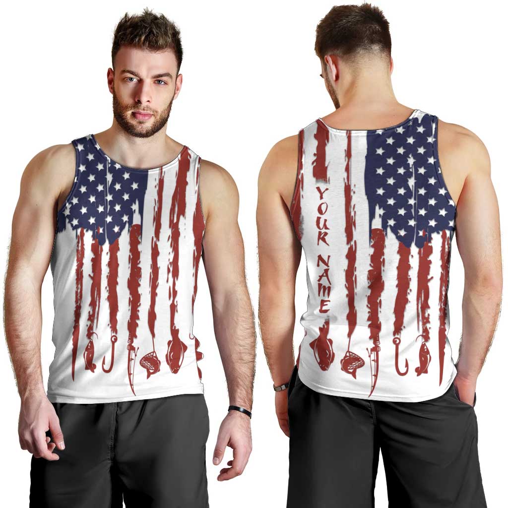 American Flag Fishing Men Tank Top Lure and Hook Elements and Custom Name Print - Wonder Print Shop
