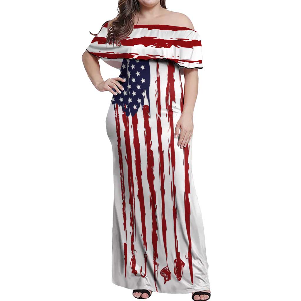 American Flag Fishing Off Shoulder Maxi Dress Lure and Hook Elements and Custom Name Print - Wonder Print Shop