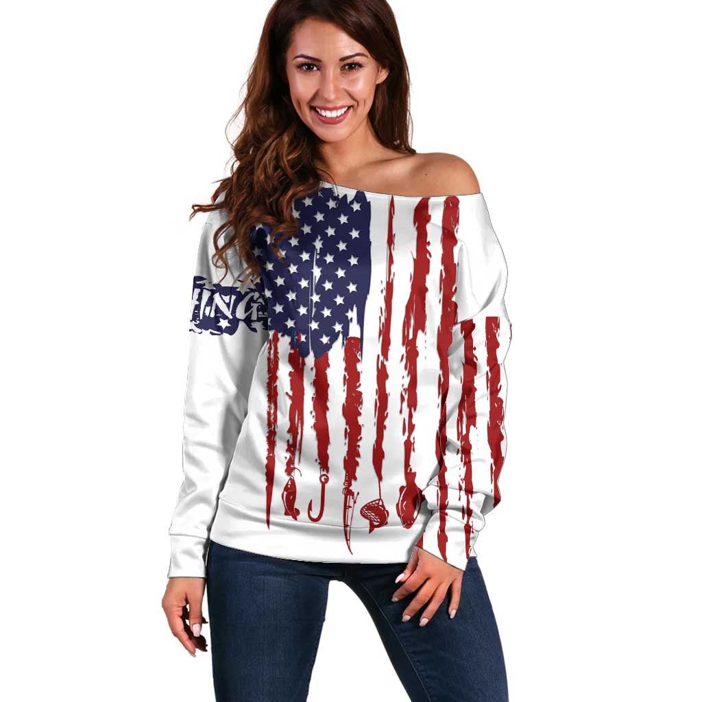 American Flag Fishing Off Shoulder Sweater Lure and Hook Elements and Custom Name Print - Wonder Print Shop