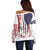 American Flag Fishing Off Shoulder Sweater Lure and Hook Elements and Custom Name Print - Wonder Print Shop