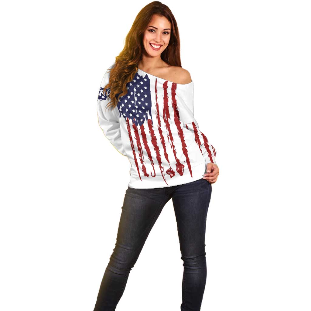 American Flag Fishing Off Shoulder Sweater Lure and Hook Elements and Custom Name Print - Wonder Print Shop