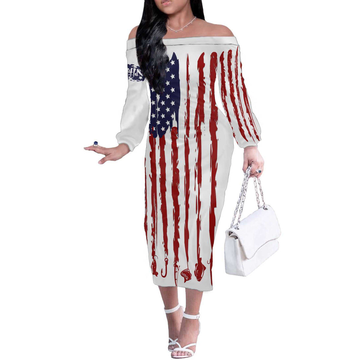 American Flag Fishing Off The Shoulder Long Sleeve Dress Lure and Hook Elements and Custom Name Print - Wonder Print Shop