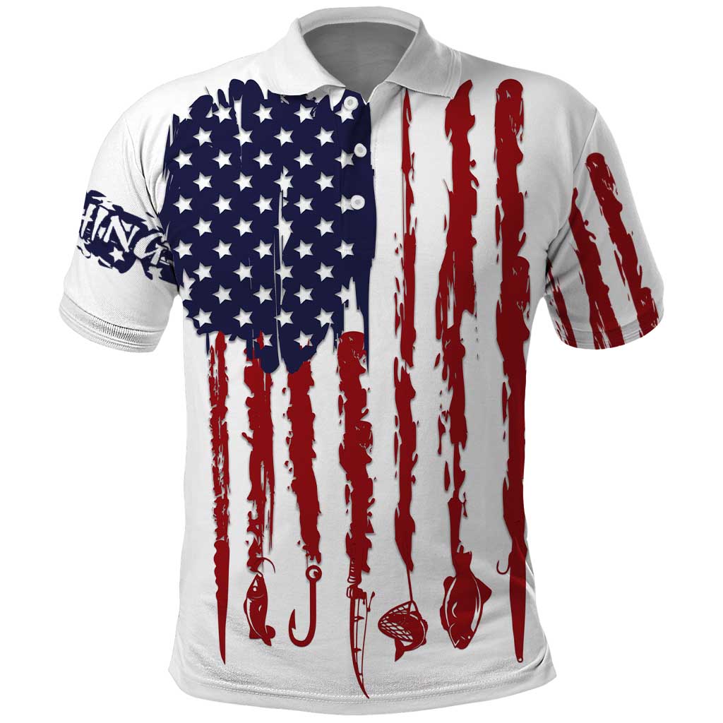 American Flag Fishing Polo Shirt Lure and Hook Elements and Custom Name Print - Wonder Print Shop