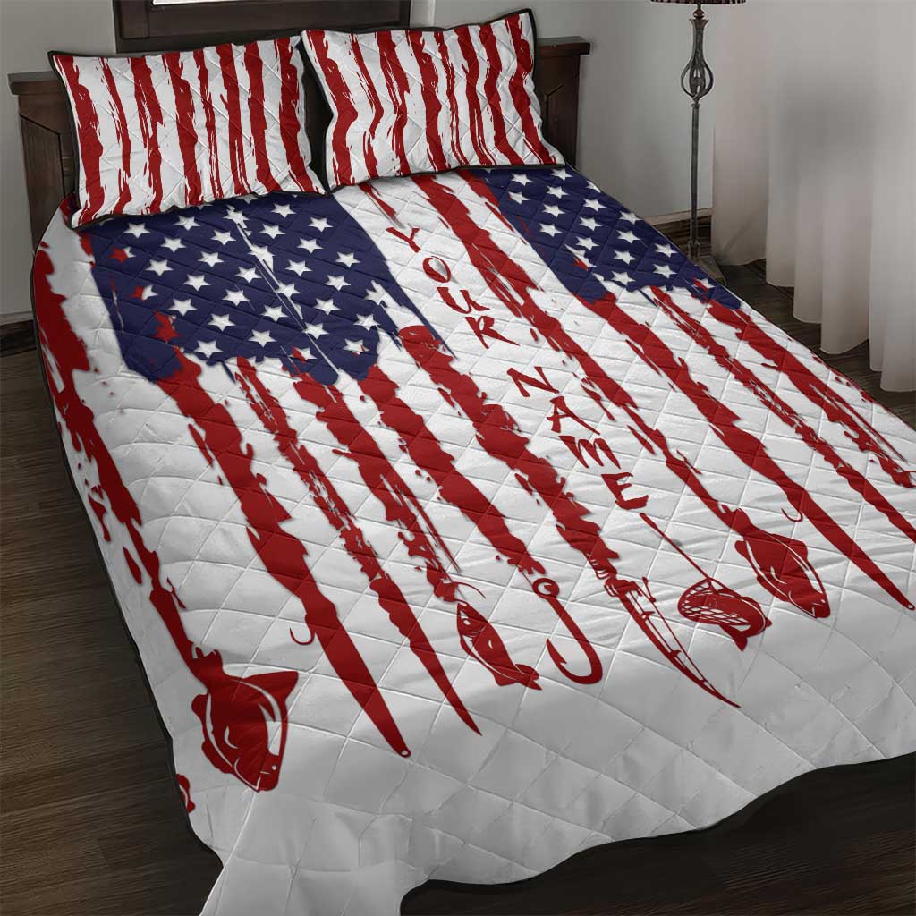 American Flag Fishing Quilt Bed Set Lure and Hook Elements and Custom Name Print - Wonder Print Shop