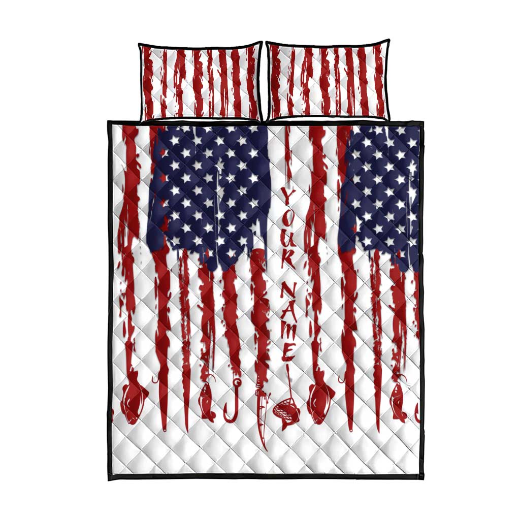 American Flag Fishing Quilt Bed Set Lure and Hook Elements and Custom Name Print - Wonder Print Shop
