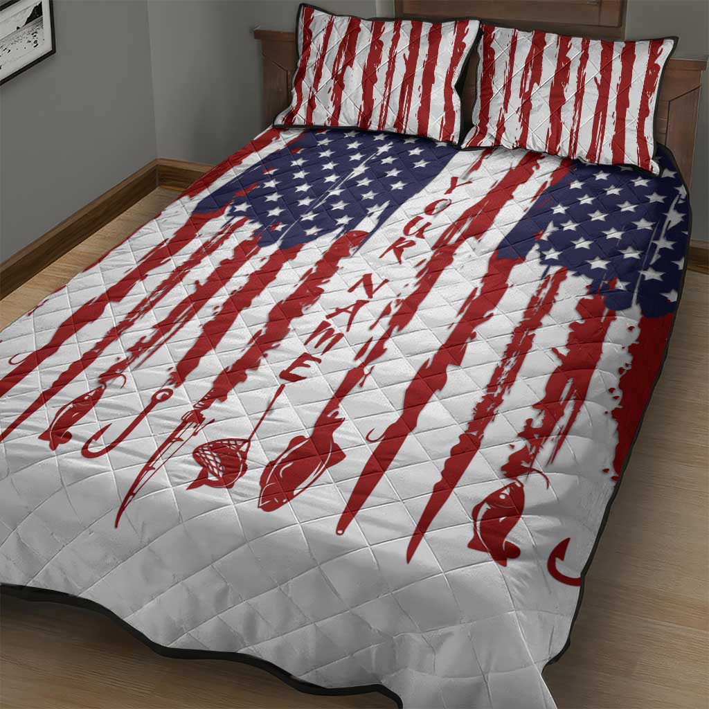 American Flag Fishing Quilt Bed Set Lure and Hook Elements and Custom Name Print - Wonder Print Shop