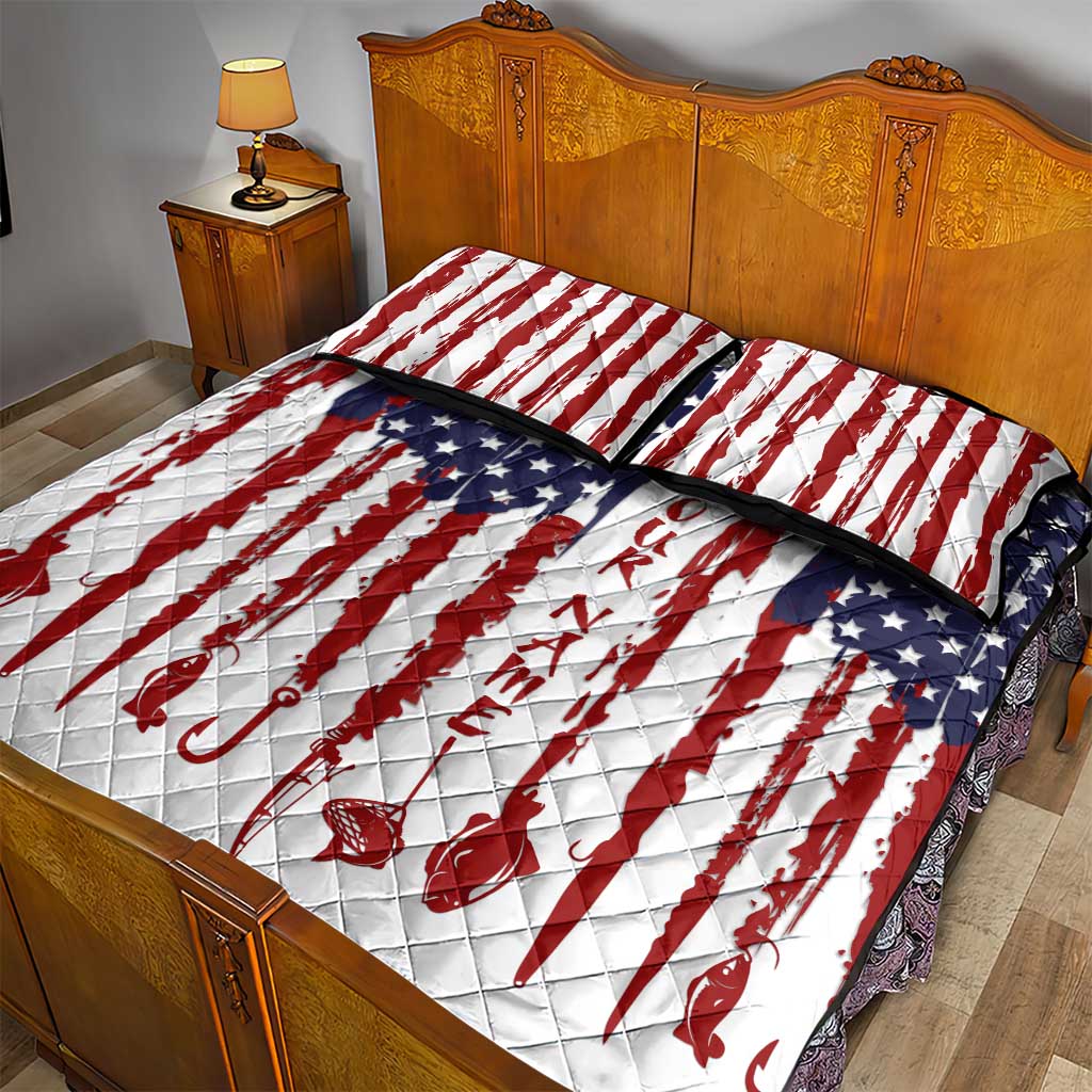 American Flag Fishing Quilt Bed Set Lure and Hook Elements and Custom Name Print - Wonder Print Shop