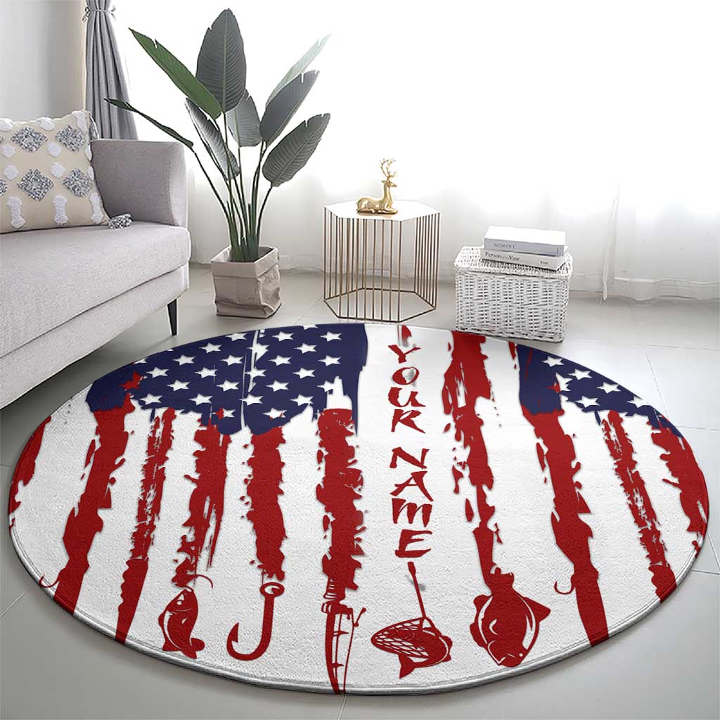 American Flag Fishing Round Carpet Lure and Hook Elements and Custom Name Print - Wonder Print Shop