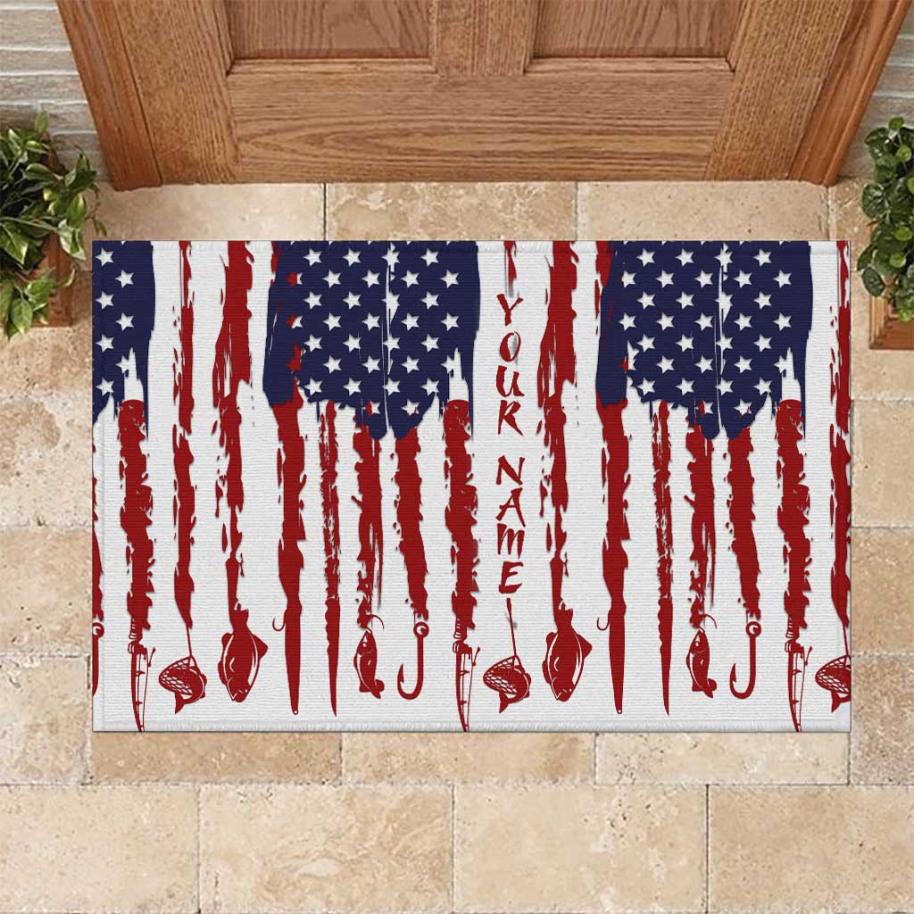 American Flag Fishing Rubber Doormat Lure and Hook Elements and Custom Name Print - Wonder Print Shop