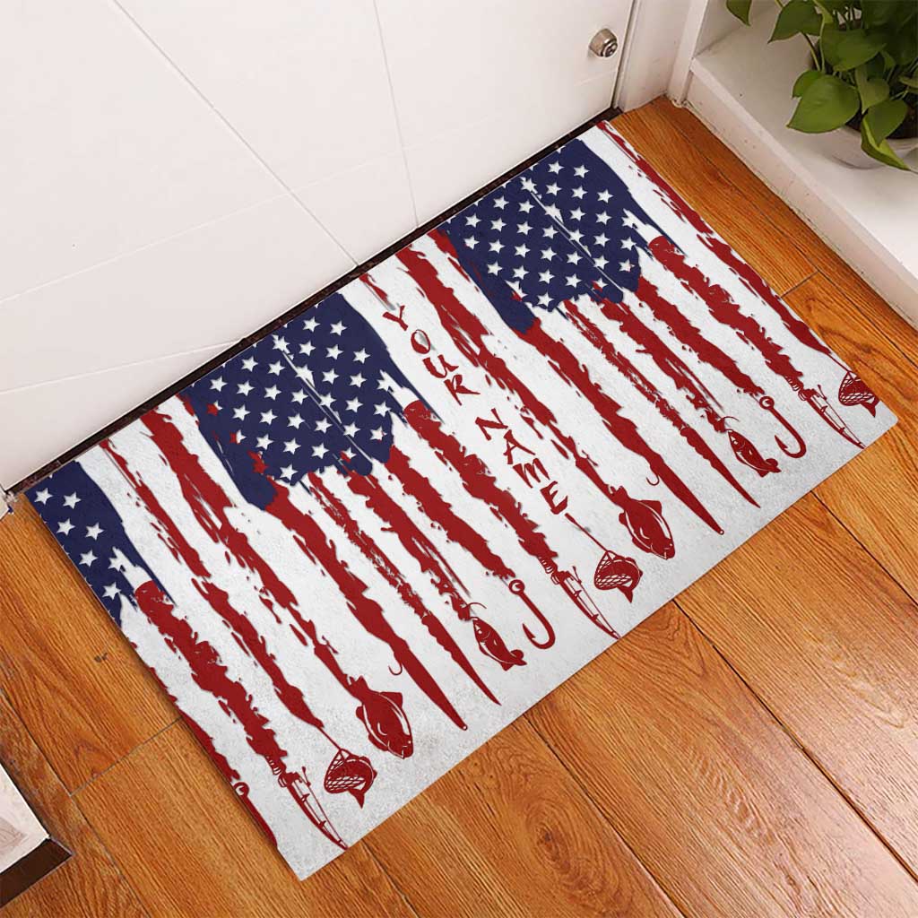 American Flag Fishing Rubber Doormat Lure and Hook Elements and Custom Name Print - Wonder Print Shop