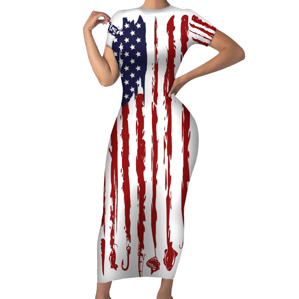 American Flag Fishing Short Sleeve Bodycon Dress Lure and Hook Elements and Custom Name Print - Wonder Print Shop