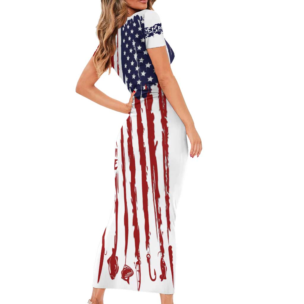 American Flag Fishing Short Sleeve Bodycon Dress Lure and Hook Elements and Custom Name Print - Wonder Print Shop