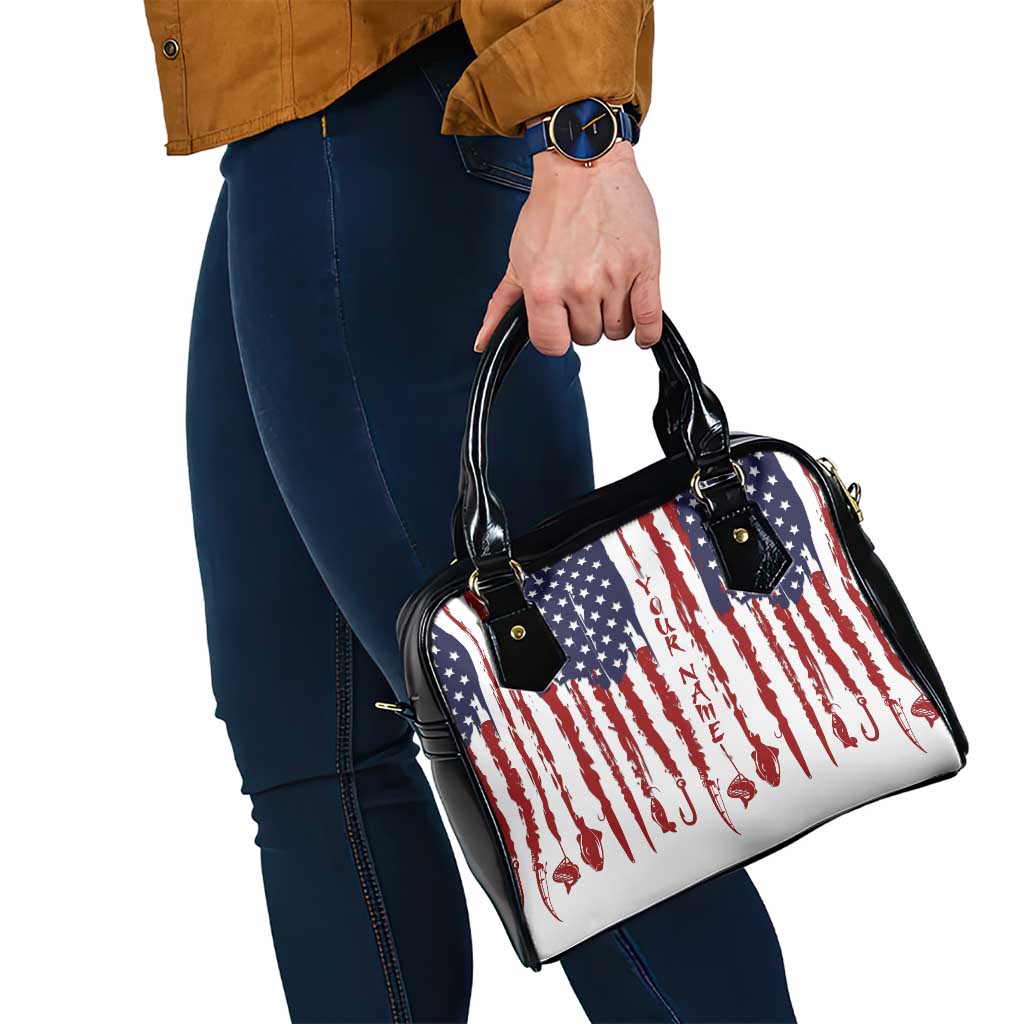 American Flag Fishing Shoulder Handbag Lure and Hook Elements and Custom Name Print - Wonder Print Shop
