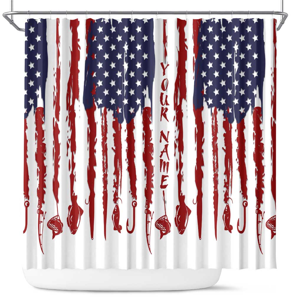 American Flag Fishing Shower Curtain Lure and Hook Elements and Custom Name Print - Wonder Print Shop