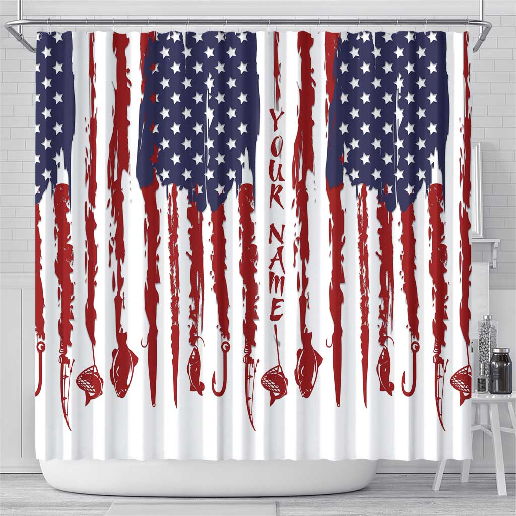 American Flag Fishing Shower Curtain Lure and Hook Elements and Custom Name Print - Wonder Print Shop