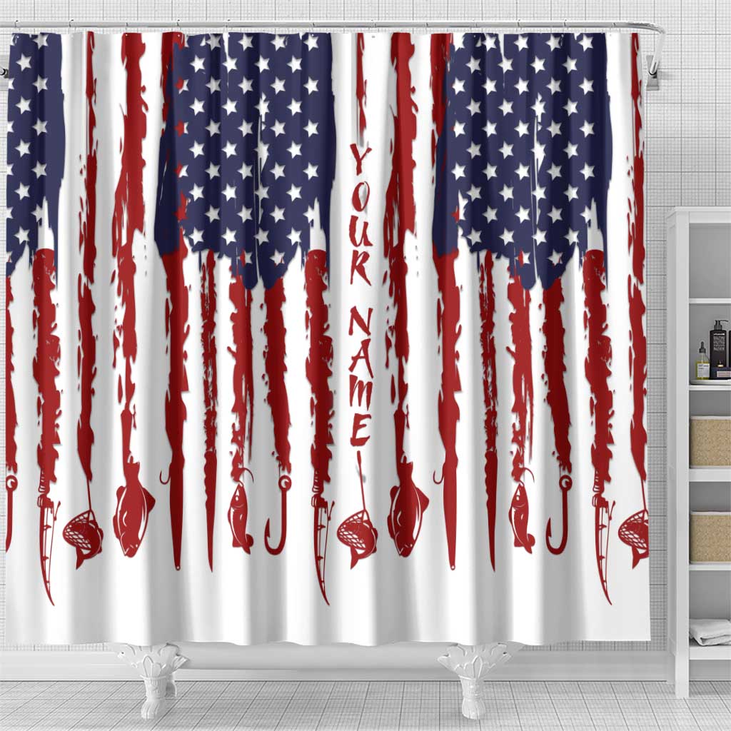 American Flag Fishing Shower Curtain Lure and Hook Elements and Custom Name Print - Wonder Print Shop