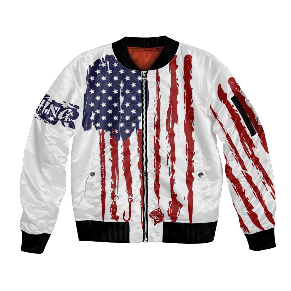 American Flag Fishing Sleeve Zip Bomber Jacket Lure and Hook Elements and Custom Name Print - Wonder Print Shop