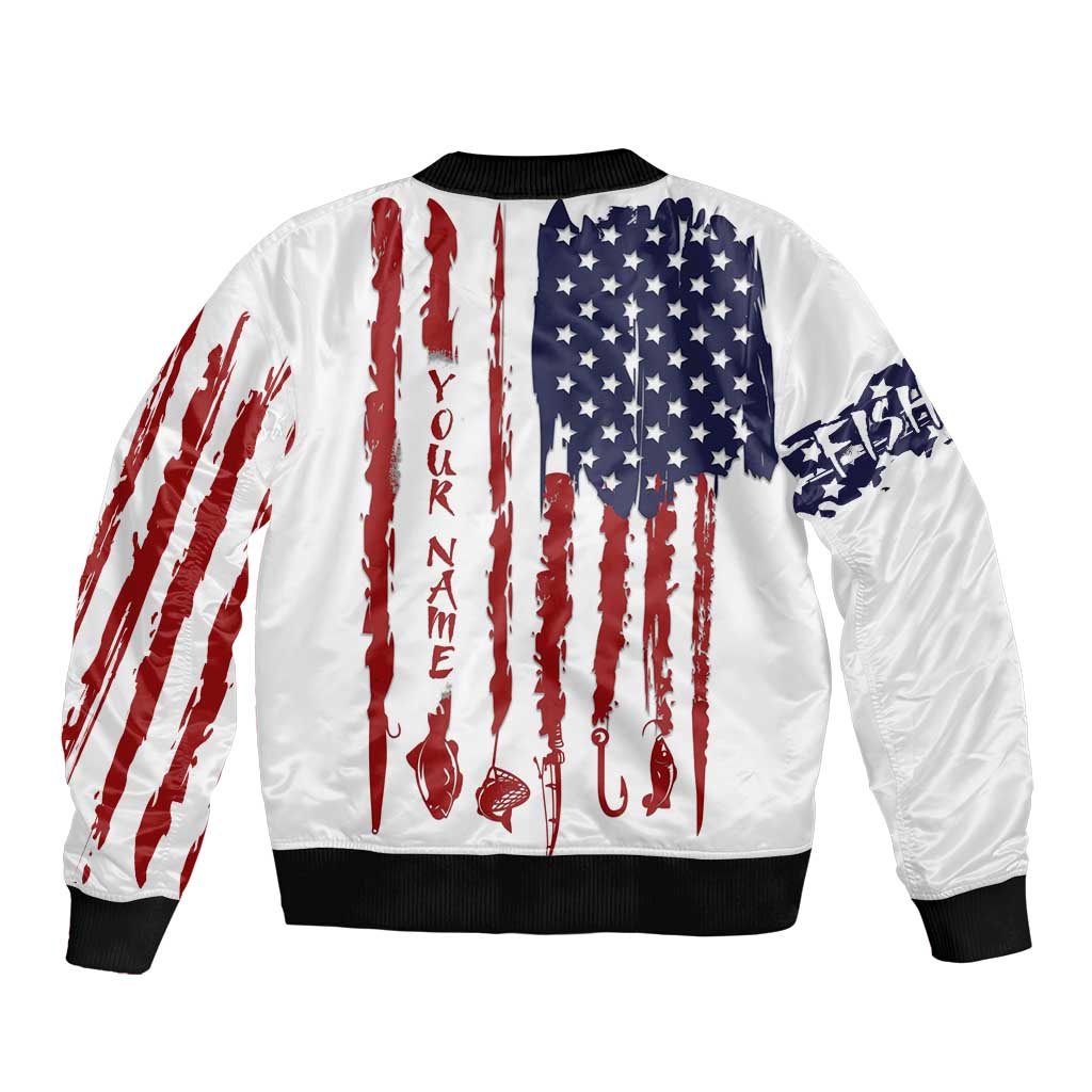 American Flag Fishing Sleeve Zip Bomber Jacket Lure and Hook Elements and Custom Name Print - Wonder Print Shop
