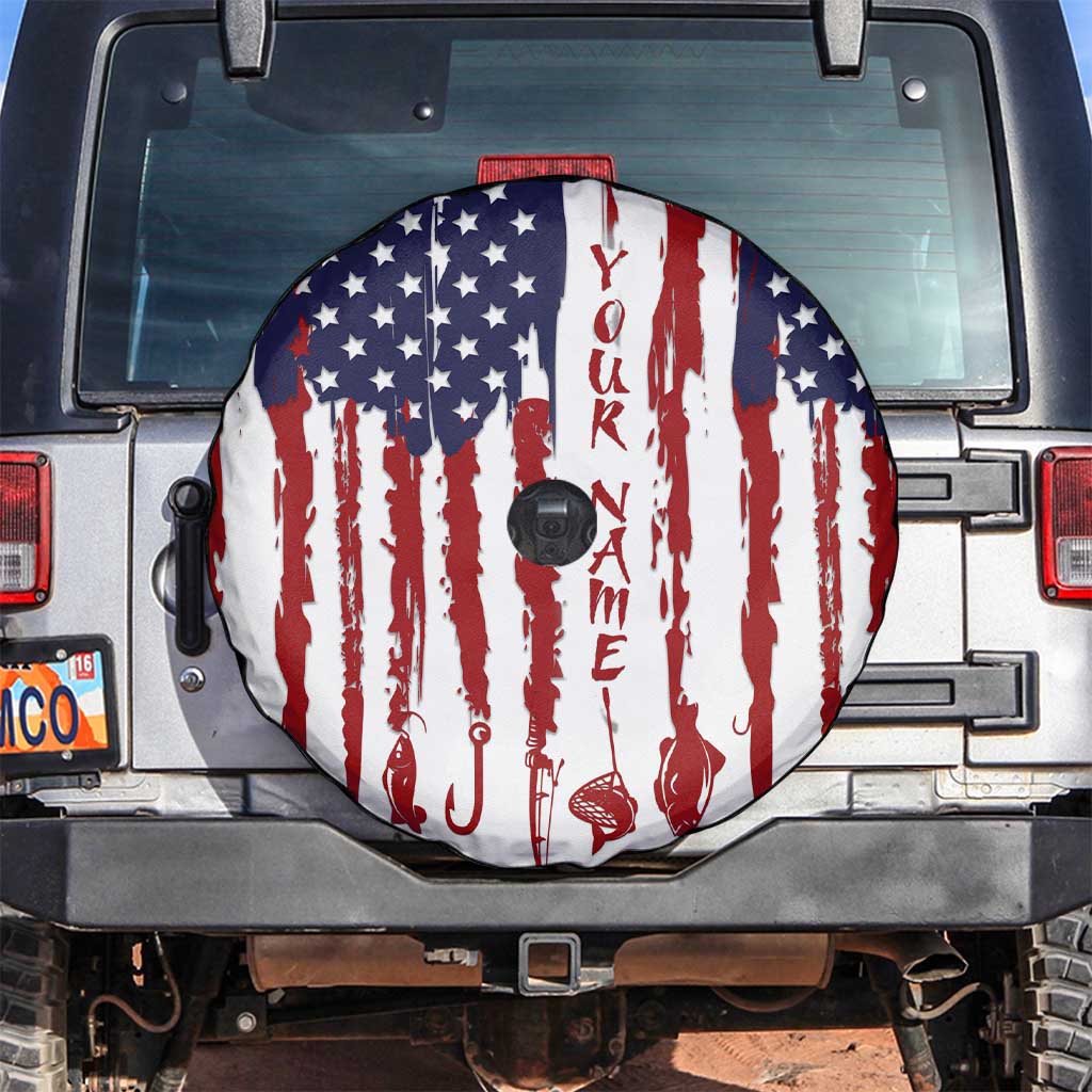 American Flag Fishing Spare Tire Cover Lure and Hook Elements and Custom Name Print - Wonder Print Shop
