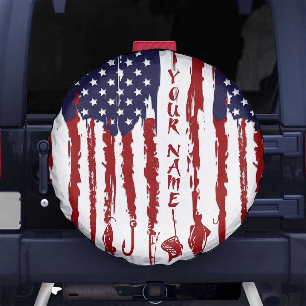 American Flag Fishing Spare Tire Cover Lure and Hook Elements and Custom Name Print - Wonder Print Shop